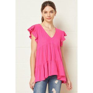 Entro Tiered Ruffle Babydoll Top, Hot Pink